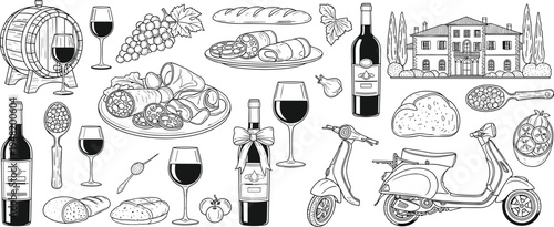 Cad drawing flat vector illustration of Italian vineyard icons featuring wine bottles, grapes, barrel, villa, scooter, bread, and meat platter.