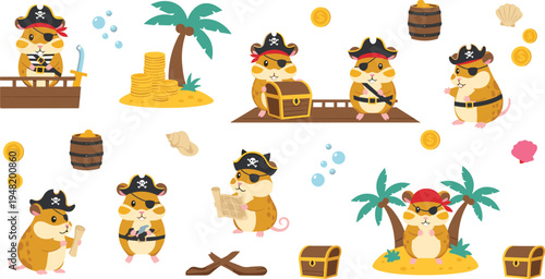 Cute hamster pirate cartoon vector set funny animal characters with treasure chest coins island adventure illustration