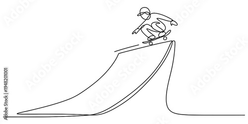A minimalist single line drawing of a person skateboarding on a large ramp against white background