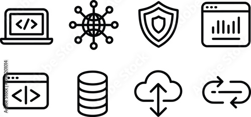 Network, security, database and cloud upload line icons set for digital technology and data protection

