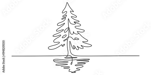 A minimalist single line drawing of an evergreen tree with a mirrored reflection on the ground