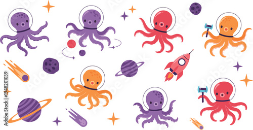 Cute octopus astronaut cartoon vector set funny space explorer sea animal characters planets rocket galaxy illustration