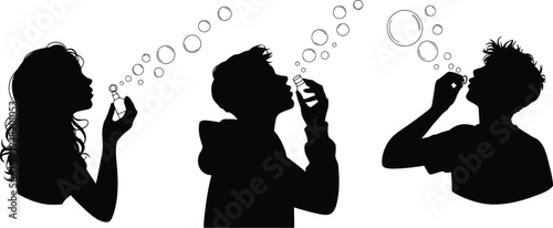 Silhouette illustration of a woman blowing soap bubbles with a child nearby