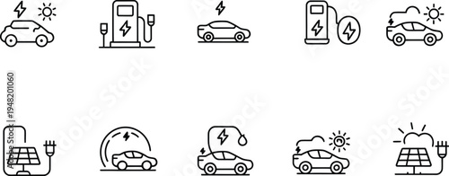 Electric vehicle charging line icons set for eco transport, battery power and clean mobility


