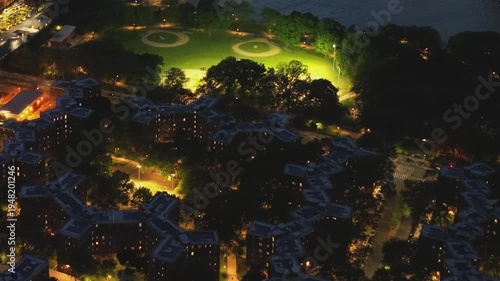 View of the New York City park and buildings at night