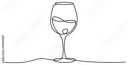 Minimalist continuous line drawing of a simple wine glass isolated on a plain white background