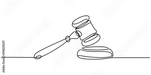 A single continuous line drawing of a wooden judge gavel resting on a sound block for court room