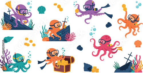 Cute octopus scuba diver cartoon vector set underwater treasure hunting sea animal characters marine adventure illustration