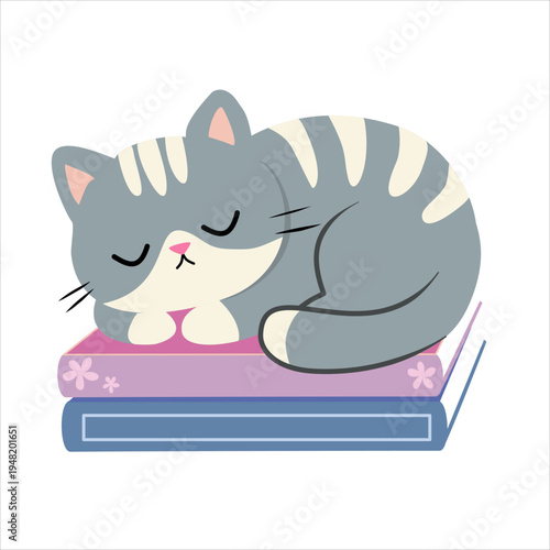 Cute gray cat speeping on a stack of pastel books