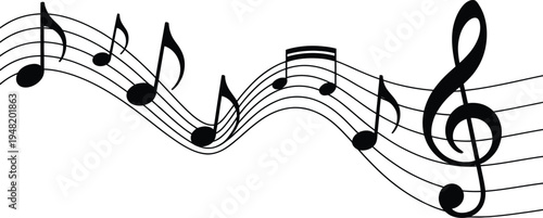 Black treble clef music notes pattern with flowing melody lines illustration