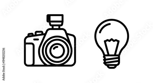 Idea and photography icons: dslr camera with flash and glowing lightbulb line art for creativity, technology, and inspiration