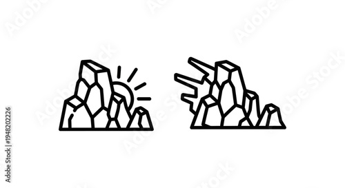Icon of rock formations with sun rays and a jagged burst, representing geology and powerful energy, concept of earth and force, graphic resource, icon set, outline icon