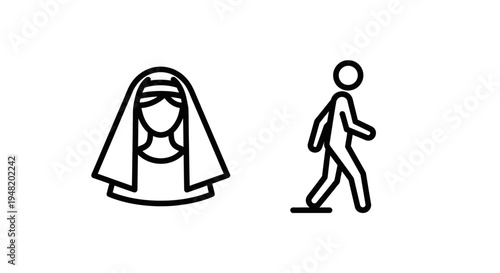 People and culture icons: veiled woman profile and walking person line art for modesty, movement, religion, and journey concepts