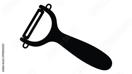 A black silhouette of a vegetable peeler with a handle and blade on a white background, kitchen utensil for peeling fruits and vegetables