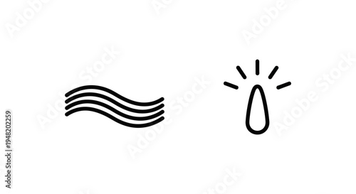 Signal and energy icons: abstract wave flow and radiant light beam line art for communication, technology, sound, and data concepts