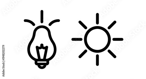 Light and idea icons: glowing lightbulb and radiant sun symbol line art for innovation, energy, inspiration, and brightness concepts