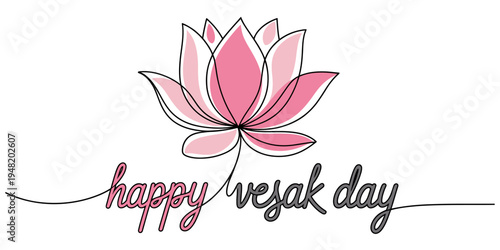 Minimalist one line drawing of a pink lotus flower celebrating the holy occasion of vesak day Vector, illustration