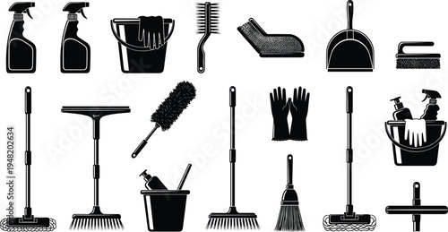 Collection of cleaning equipment silhouettes including mop, broom, bucket and spray bottle, housekeeping tools set isolated background