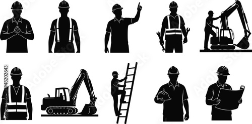 Collection of construction worker silhouettes with tools and machinery, builder and engineer icons isolated on light background