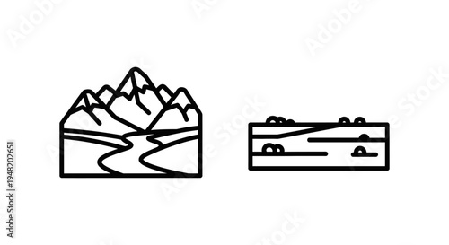 Mountain landscape line icon and cross-section of terrain with river, graphic resources for travel and exploration