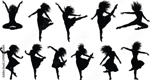 Collection of dancing woman silhouettes in dynamic poses, energetic female dancer set isolated on light background for dance design