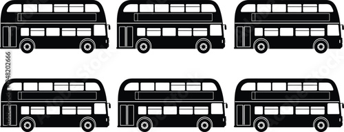 Collection of double decker bus silhouettes, classic city transport vehicles isolated on light background for travel, transit, and design