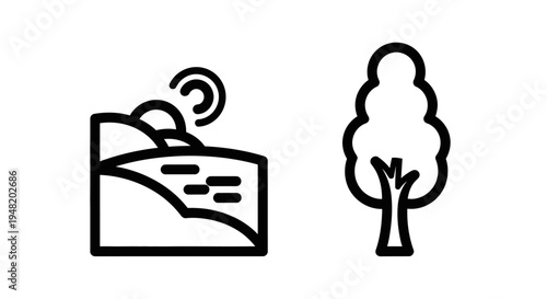 Landscape with rolling hills and a lone tree line icon, representing nature and environment