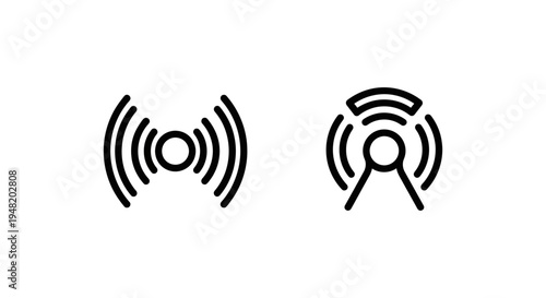Two icon graphics: radio wave signal and broadcast tower with waves, symbolizing communication and transmission