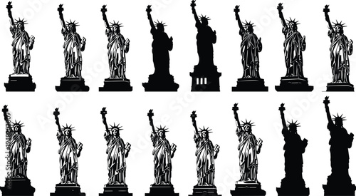 Collection of Statue of Liberty silhouettes in different styles, famous American landmark icon set isolated on light background