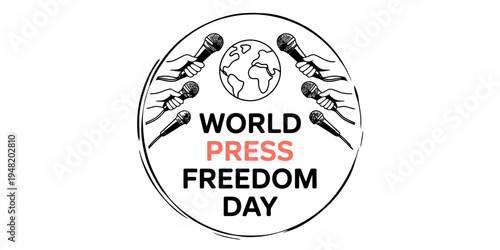 A circular emblem designed for world press freedom day featuring microphones and a globe illustration Vector, illustration