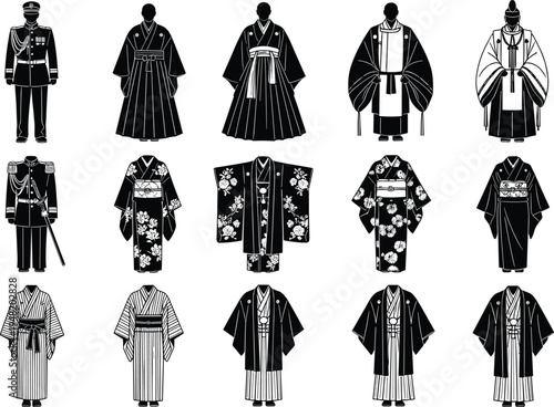 Collection of traditional Japanese clothing silhouettes including kimono and ceremonial outfits, cultural costume set isolated on light background