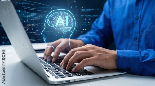 Professional AI engineer using laptop computer for artificial intelligence development and machine learning algorithm programming concept
