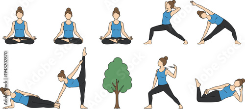 Collection of yoga poses with woman practicing meditation and stretching exercises, healthy lifestyle fitness illustration set isolated background