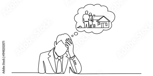 A line art illustration of a stressed businessman thinking about his family and owning a new home Vector, illustration