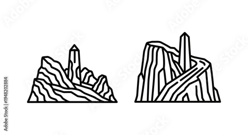 Rocky mountain and spire landscape icons, symbolizing nature and geology