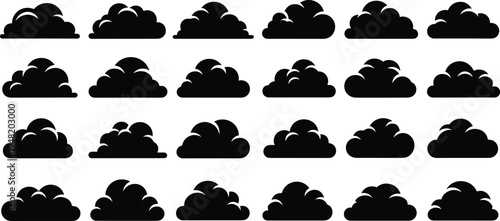 Set of cloud silhouettes collection in different shapes, simple cartoon style weather clouds isolated on light background for design use