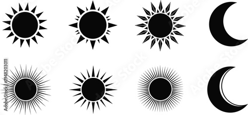 Sun and moon silhouette icon collection with different sunburst styles, celestial symbols isolated on light background for design