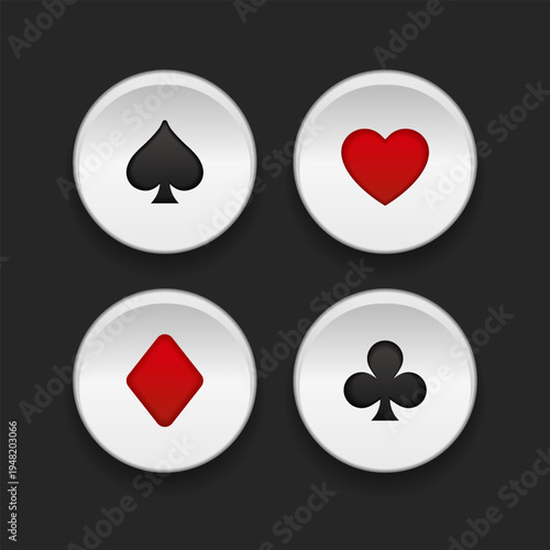 Card suit icons and buttons vector, clubs diamonds hearts spades icons. Card games, casino poker and gambling graphic elements. EPS10.