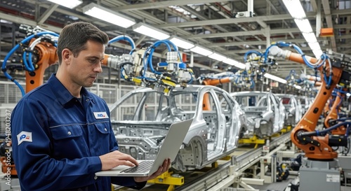 A focused worker monitors an automated car assembly line. He is using a laptop to review data while robotic arms assemble a car chassis.