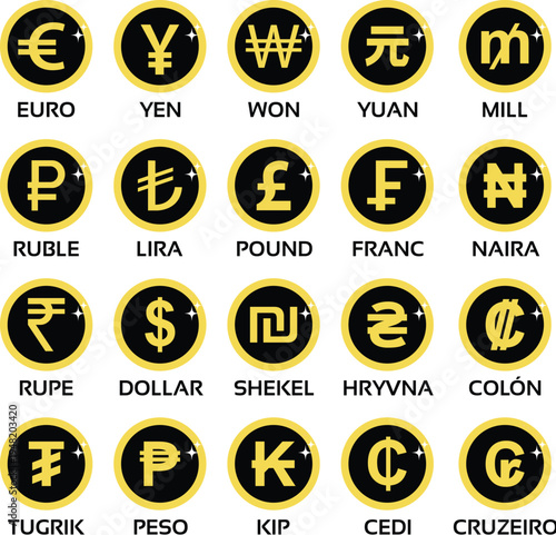 Golden Circle Currency Icons with Labels