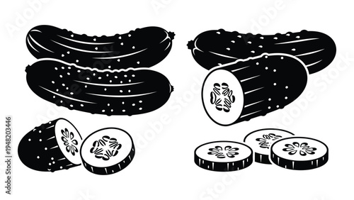 A detailed illustration of various eggplant slices and whole eggplants on a white background for culinary or informational purposes