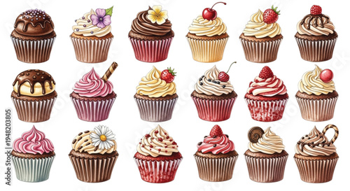 Watercolor Cupcake Set with Cream Frosting Chocolate Strawberry Cherry Dessert Illustration Collection