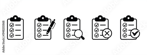 Clipboard icon set. Checklist. magnifier and pen. checkmarks. cross. Quality check symbol. form sign. vector illustration