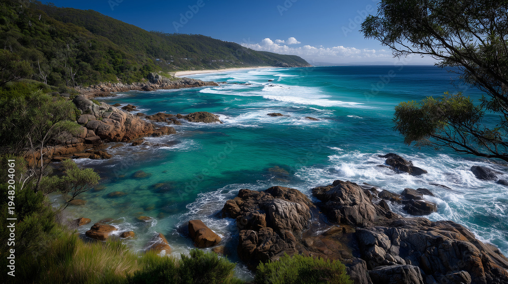 Fototapeta premium Stunning coastal scenery with turquoise waters meeting the golden sand, rugged cliffs, creating dramatic contrast