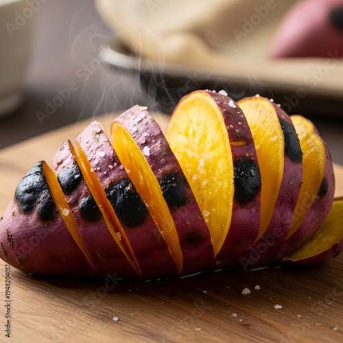 Hasselback Sweet Potato with Golden Flesh and Crispy Charred Skin Slices on Wooden Cutting Board