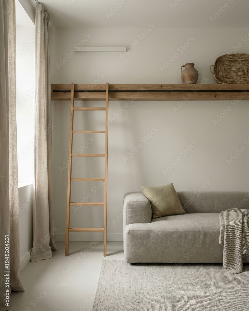 Fototapeta premium Vertical small apartment loft ladder above minimalist sofa with copy space