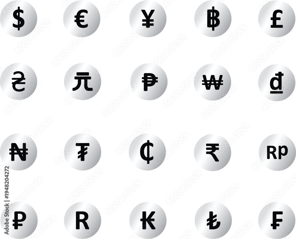 Naklejka premium Silver Gradient Global Currency Icons