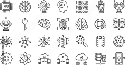 AI icons, machine learning, neural network, brain, robot, fingerprint, cloud computing, database, binary 