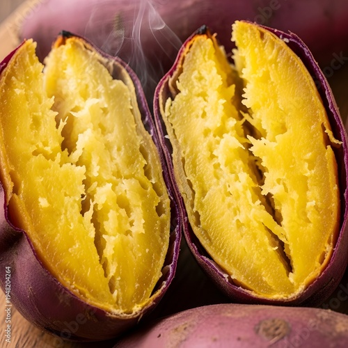 Steaming Hot Baked Sweet Potatoes Cut Open Showing Yellow Flesh and Purple Skin