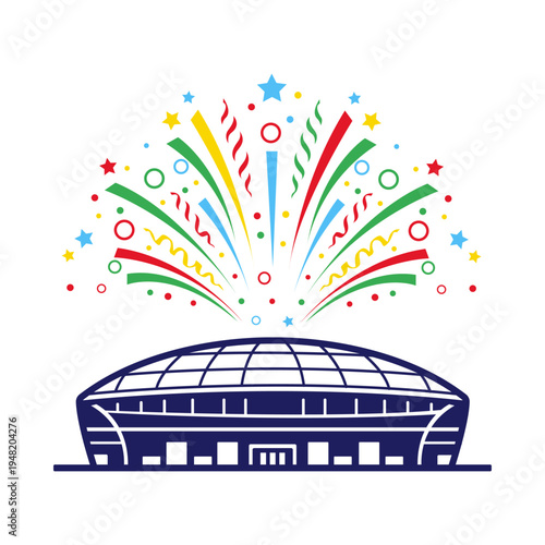 Stadium Celebration with Colorful Confetti and Stars an Energetic Sports Event